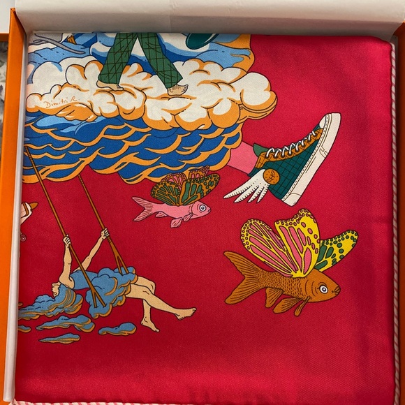 Hermes Sur Mon Nuage scarf 90 Rose Vif / Bleu / Multicolore - Picture 11 of 13